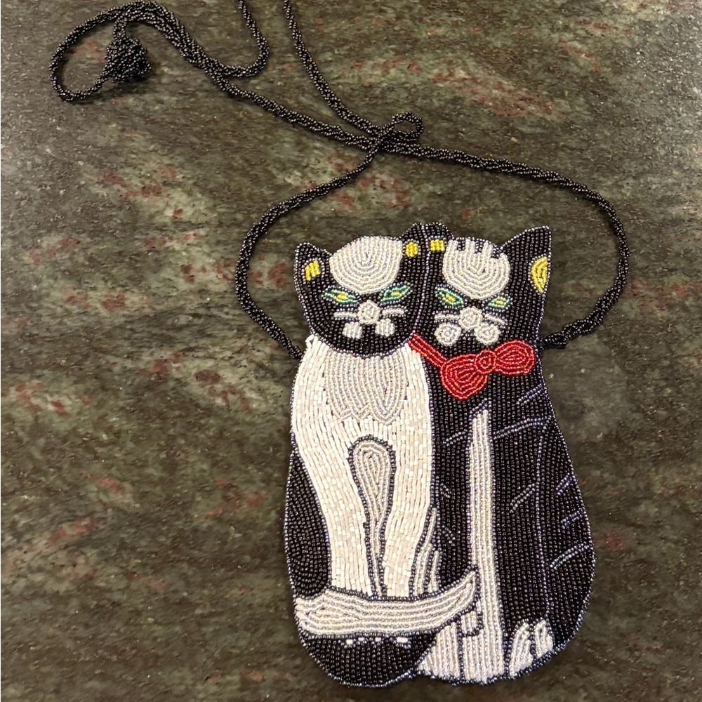 Vintage Beaded Cat Crossbody Bag